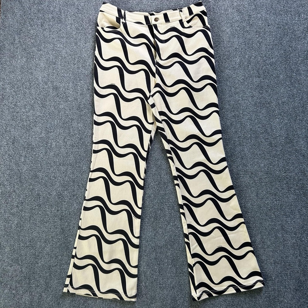 The Wolf Gang Pants Womens XL White Wave Stripe Chino‎ Twill Stretch Flare Leg